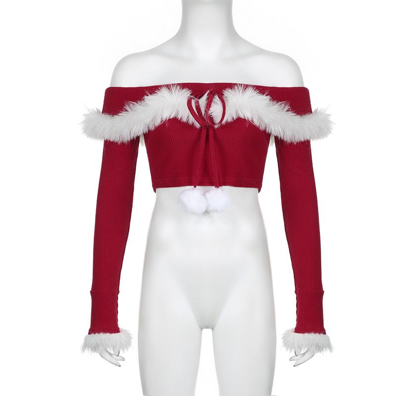Off shoulder long sleeve fluffy knitted crop top