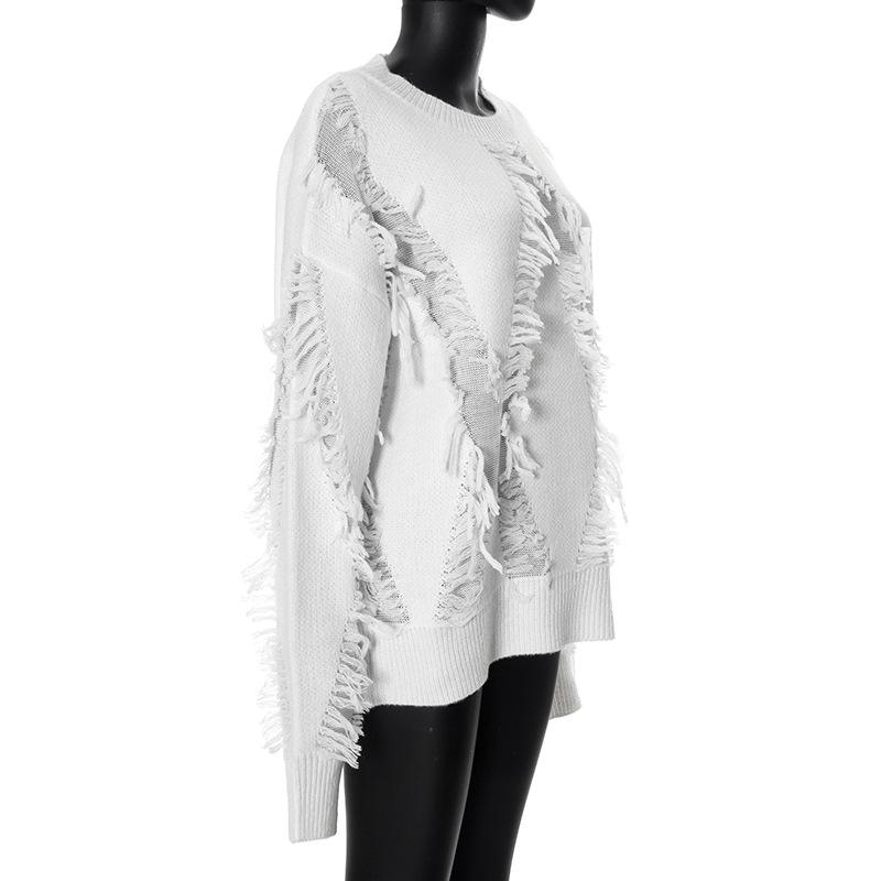 Long sleeve crewneck tassels knitted top