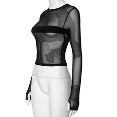 Long sleeve mesh patchwork crewneck gloves top