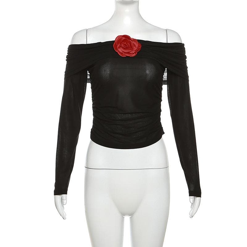 See through flower applique off shoulder ruched long sleeve top