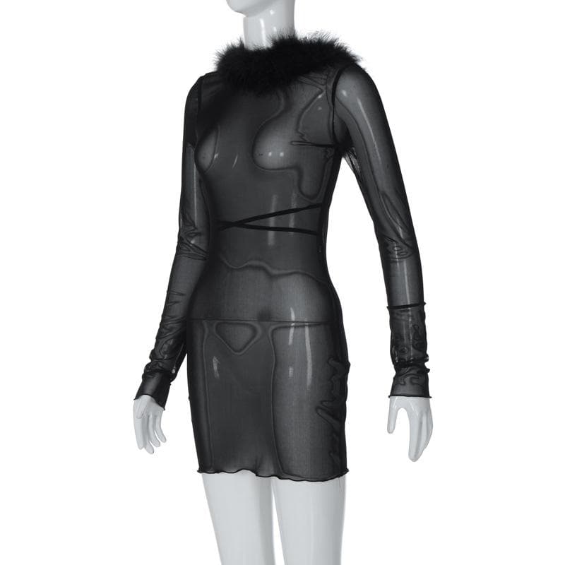 Long sleeve sheer mesh feather ruffle backless mini dress  | samba dress