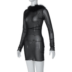Long sleeve sheer mesh feather ruffle backless mini dress  | samba dress