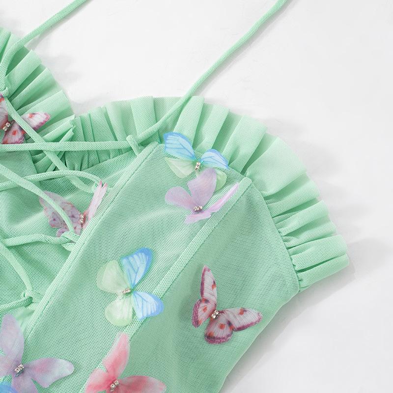 Sweetheart neck butterfly applique mesh lace up tube top