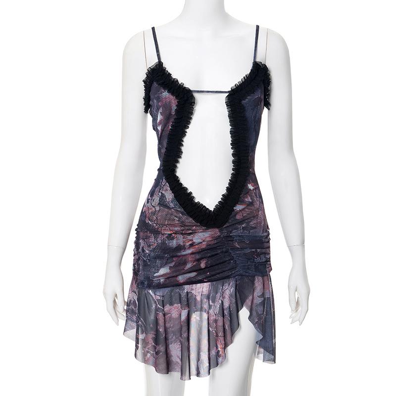 Double layered mesh ruffle hollow out cami cut out mini dress  | red tango dress