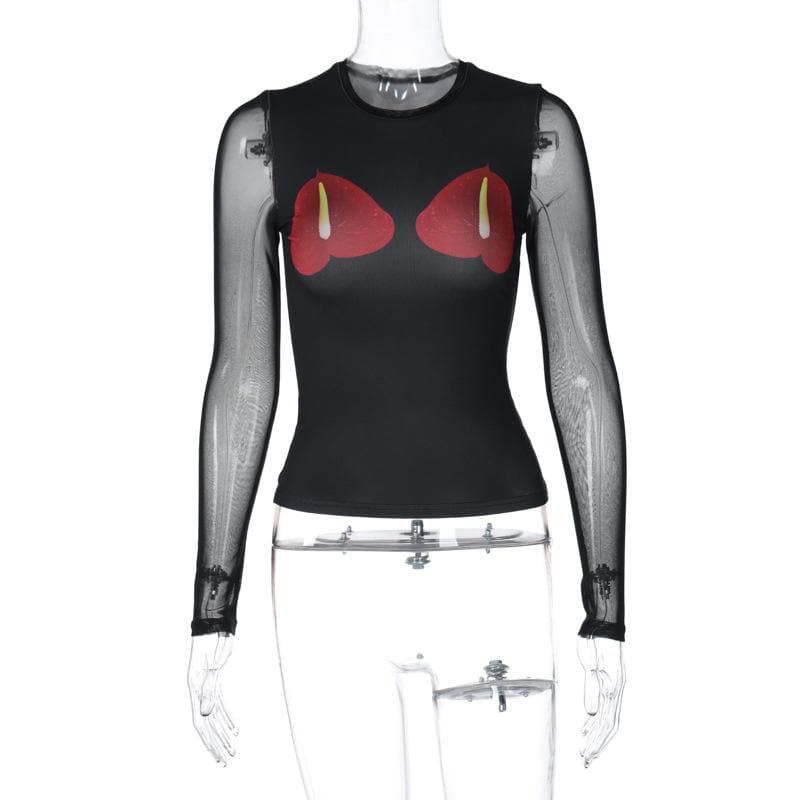 Long sleeve mesh crewneck flower pattern patchwork top