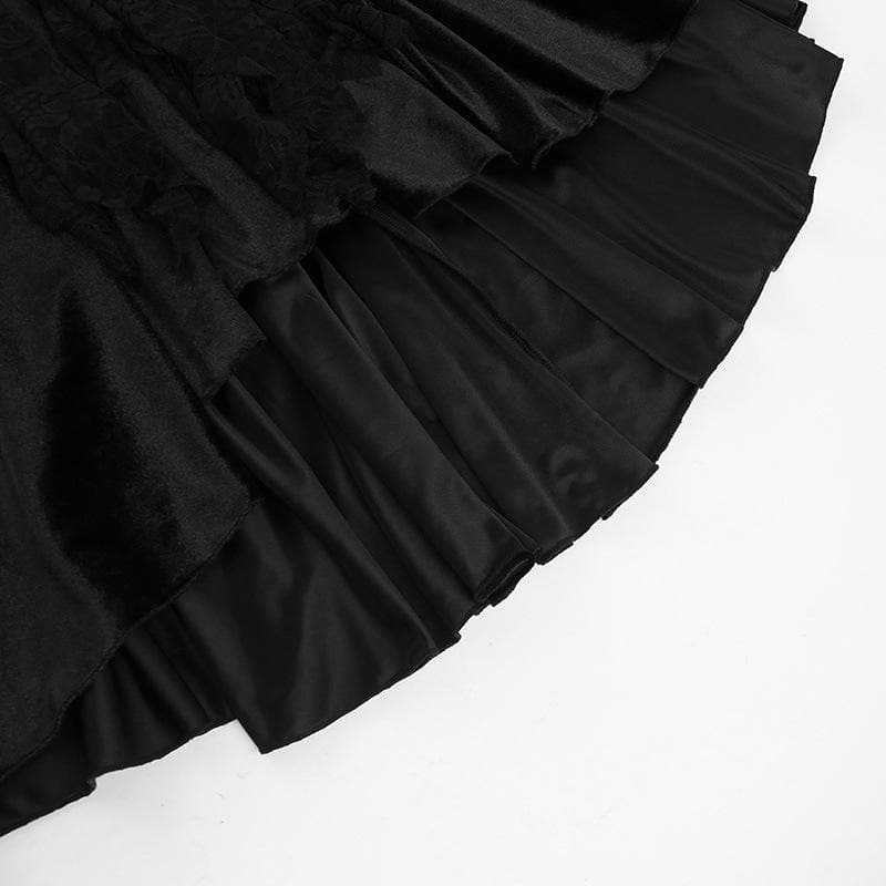 Velvet embroidery flower applique lace hem ruched maxi skirt