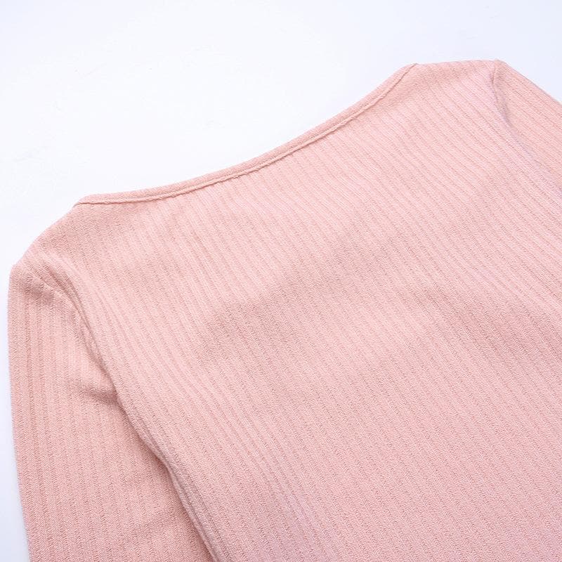 Long sleeve knitted hollow out ribbed cross front crop top