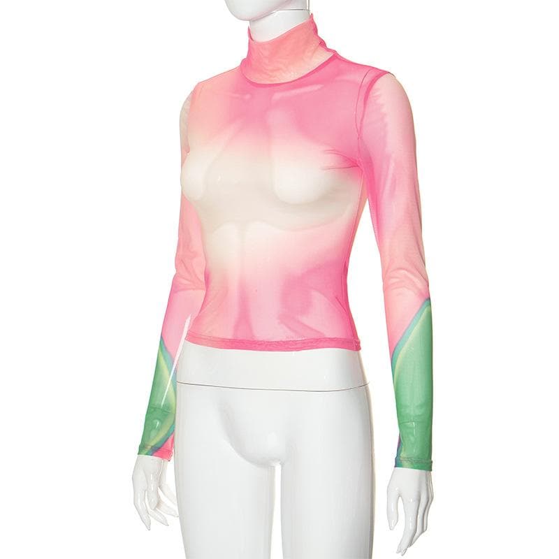 Long sleeve high neck print sheer mesh contrast top