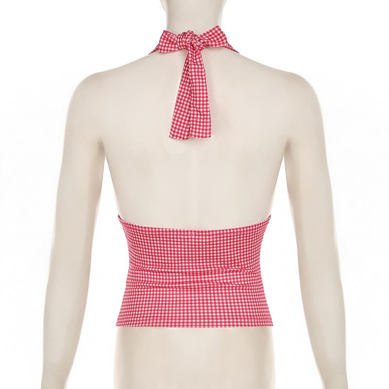 V neck halter polka dot print backless top