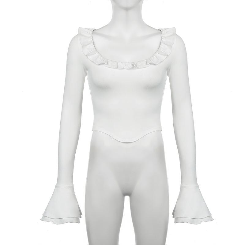 Long flared sleeve crewneck ruffle solid top