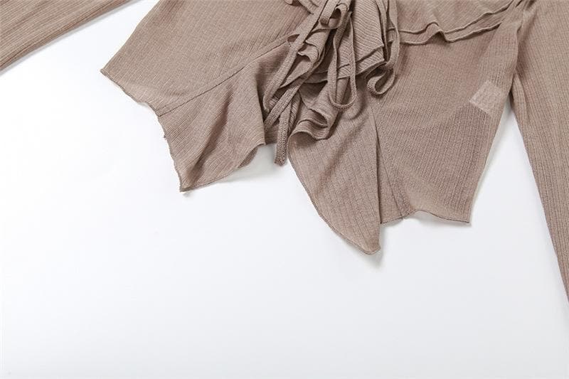 Self tie solid ruffle long flared sleeve v neck crop top