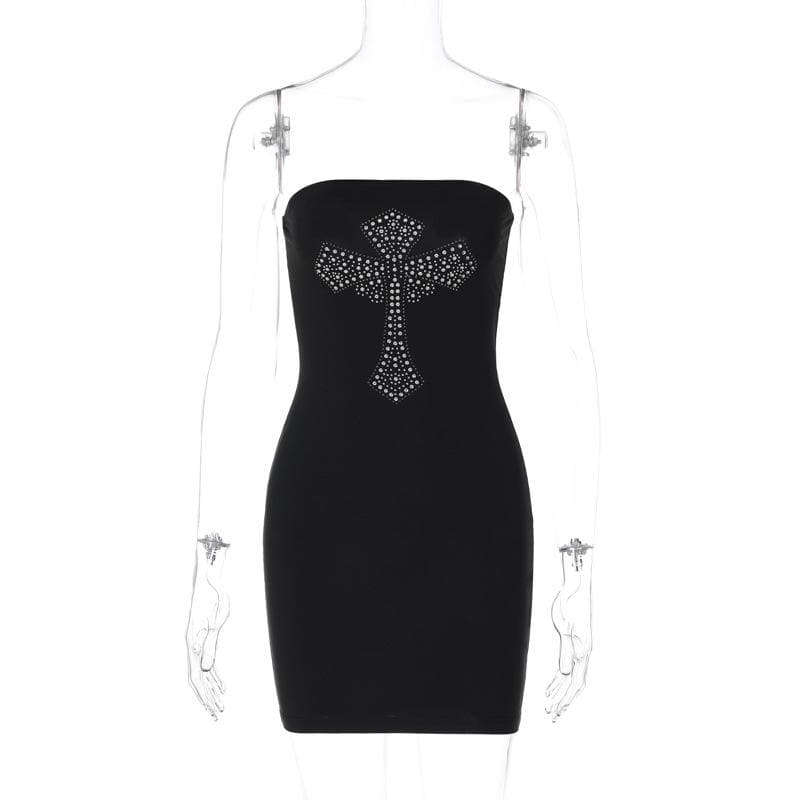 Cross pattern beaded backless tube mini dress  | black rave dress