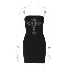 Cross pattern beaded backless tube mini dress  | black rave dress