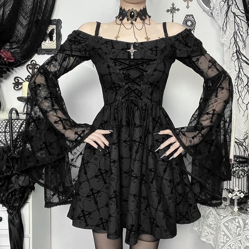 Long flared sleeve off shoulder cross applique mini dress  | black rave dress