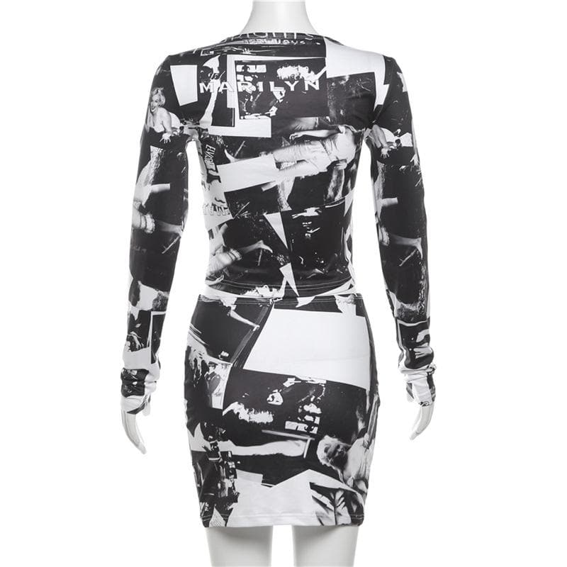 Long sleeve print crewneck mini skirt set