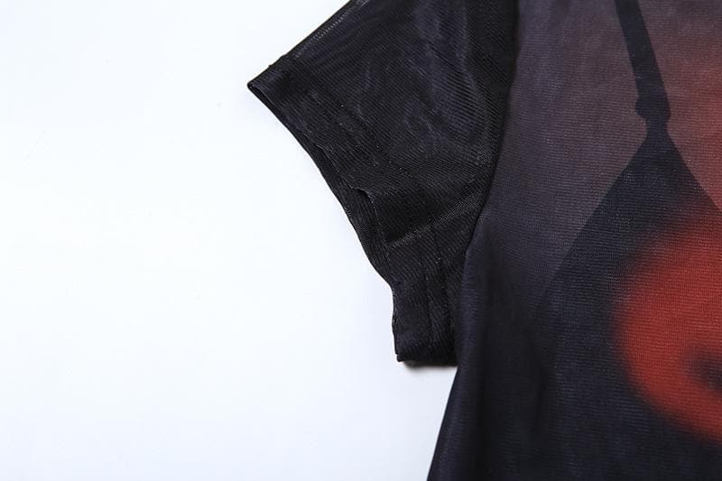 Short sleeve body print sheer mesh crop top