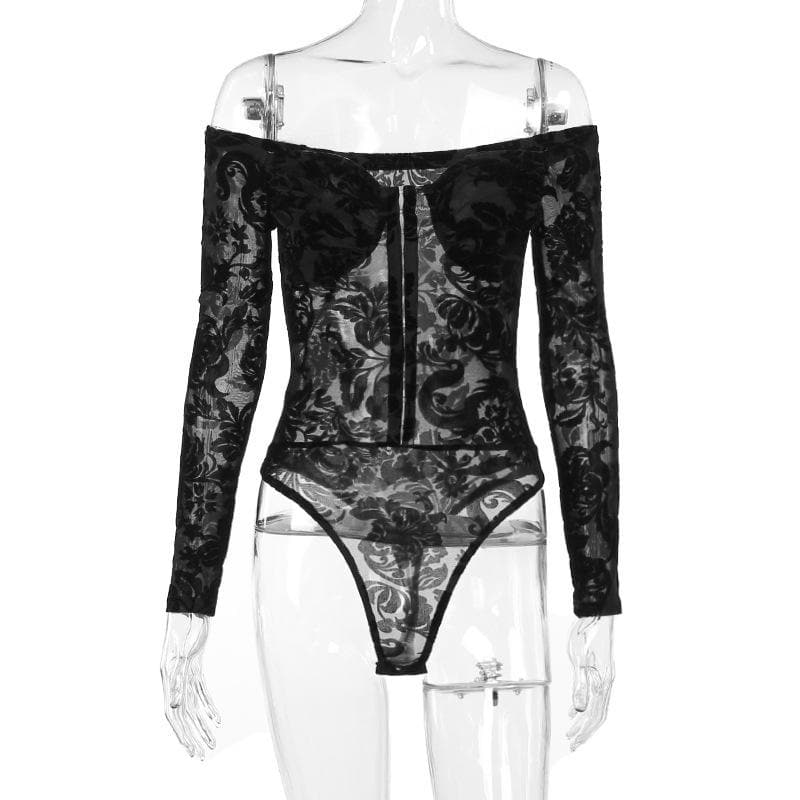 Button mesh solid off shoulder long sleeve bodysuit
