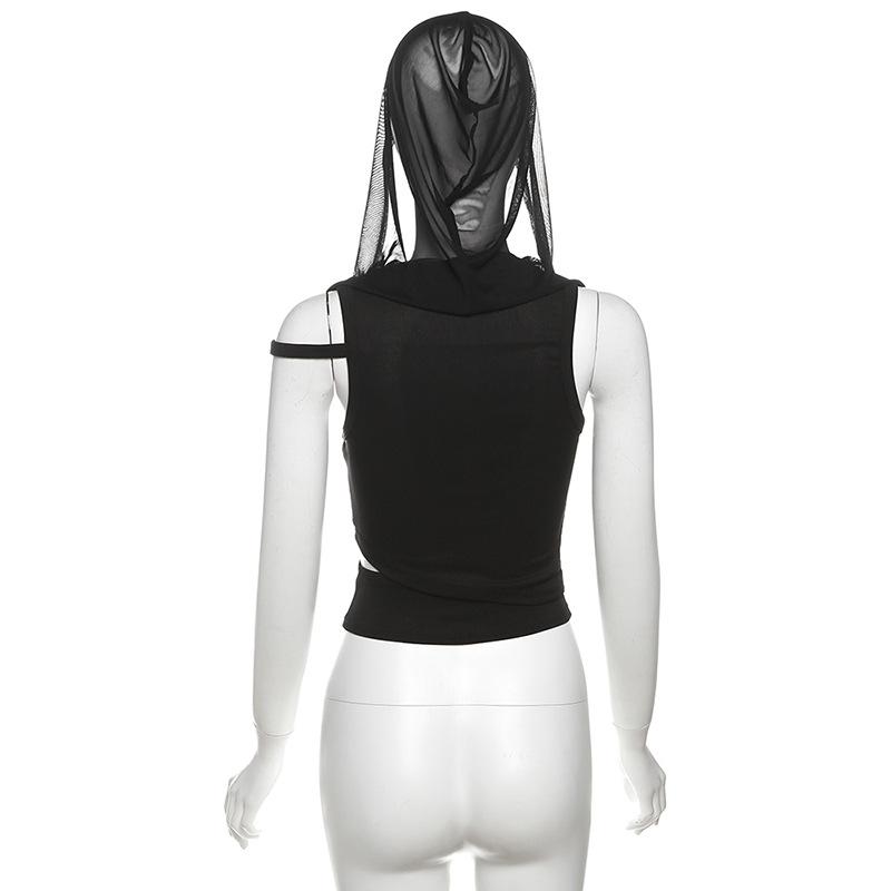 Hoodie u neck hollow out mesh top