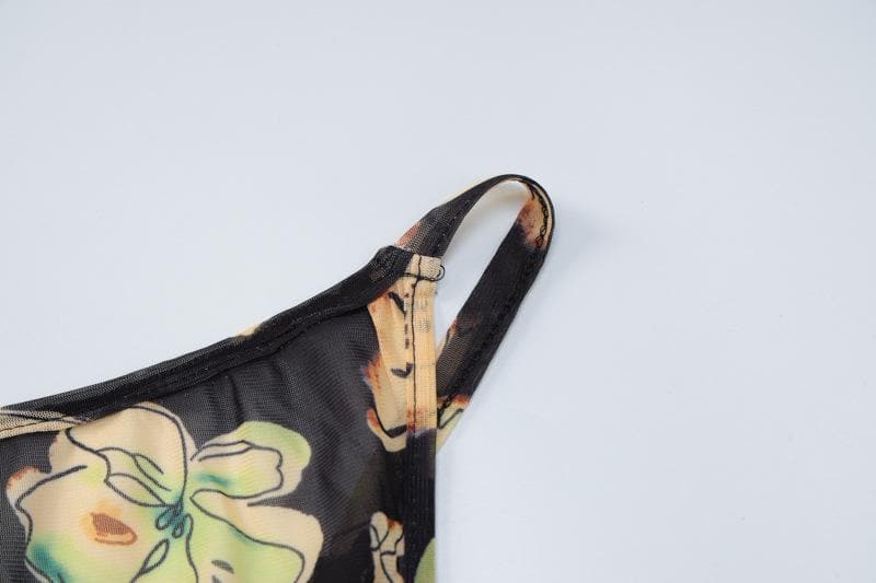 Sheer mesh sleeveless gloves backless flower pattern midi dress  | samba dress