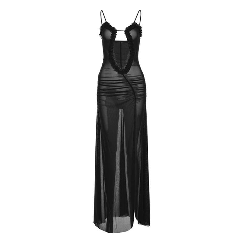 Sheer mesh hollow out ruched high slit cami cut out maxi dress  | samba dress