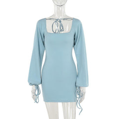 Long sleeve u neck self tie backless mini dress