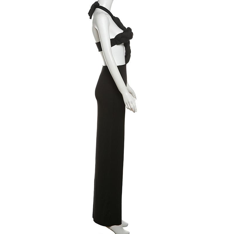 Self tie halter hollow out backless solid maxi dress