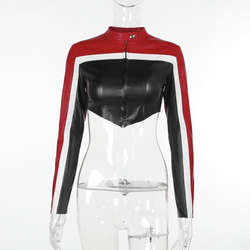 Contrast patchwork zip-up long sleeve PU leather to top jacket