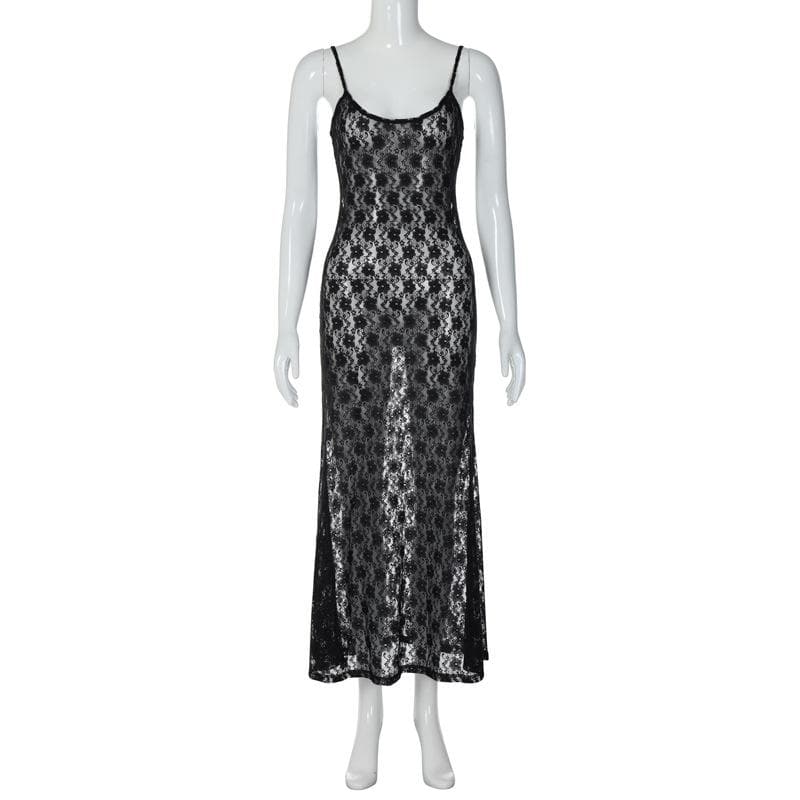 Lace see through hollow out cami cut out maxi dress
