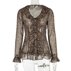 Leopard print long sleeve chiffon ruffle button top