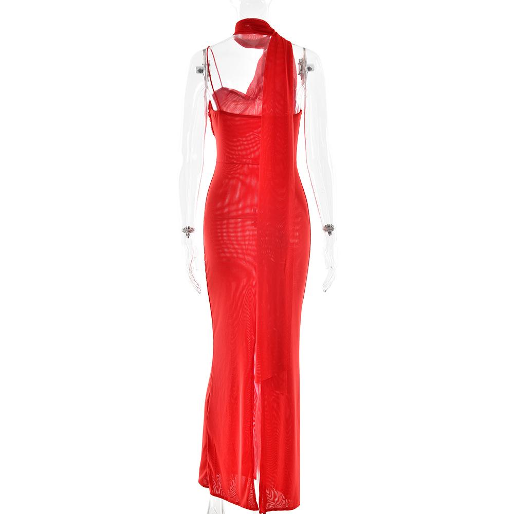 Halter mesh slit backless maxi dress  | red tango dress