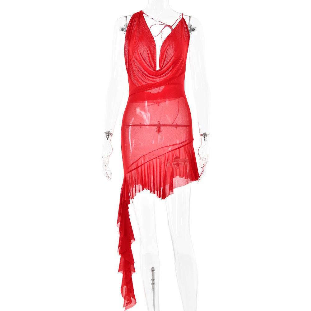 Sleeveless cowl neck low cut ruffle ruched backless mini dress  | red tango dress