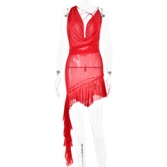 Sleeveless cowl neck low cut ruffle ruched backless mini dress  | red tango dress