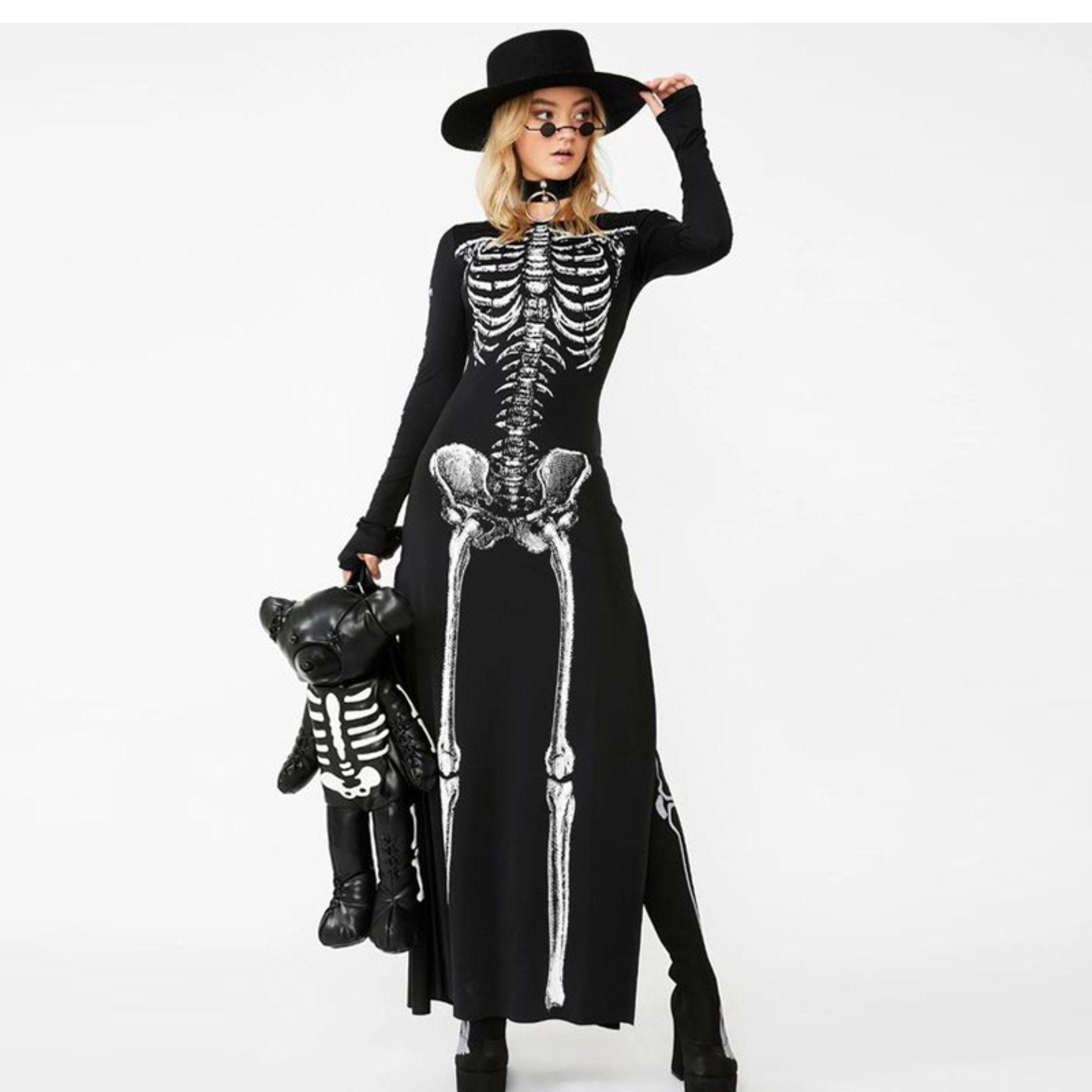Long sleeve slit human skeleton print maxi dress