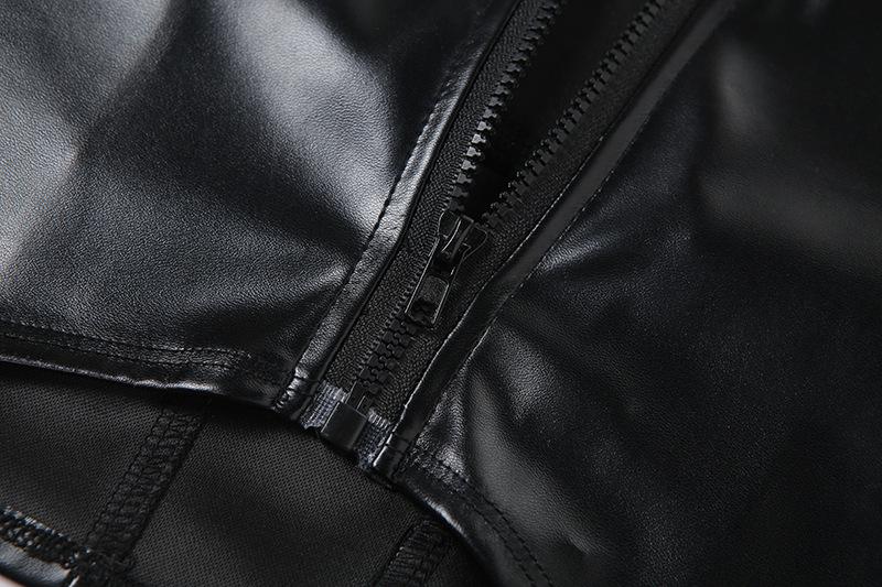 Halter PU leather buckle zip-up stitch solid top