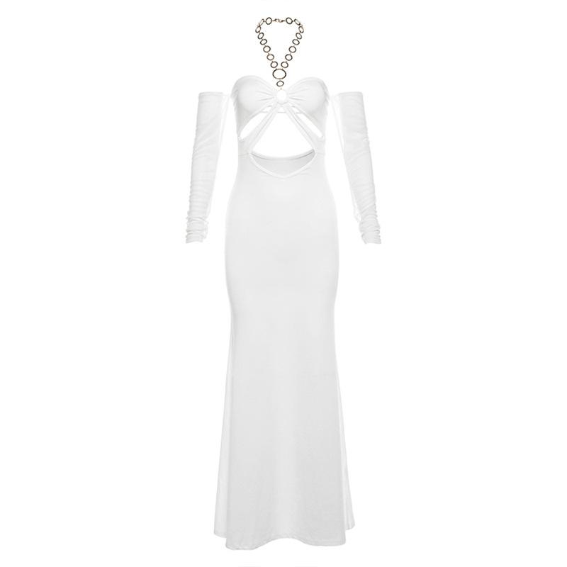 Halter o ring hollow out gloves metal chain mesh maxi dress