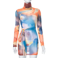 Self tie sheer mesh long sleeve high neck contrast print mini dress  | samba dress