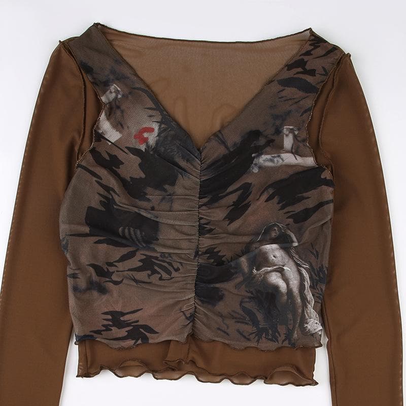 Long sleeve v neck ruched ruffle print sheer mesh stitch top