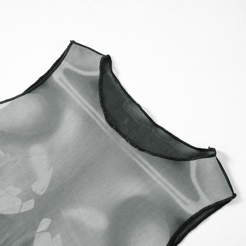 Sleeveless crewneck body print sheer mesh maxi dress  | samba dress