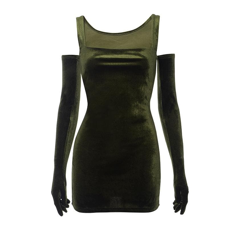 Velvet sleeveless gloves solid square neck mini dress  | red tango dress