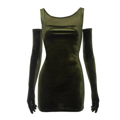 Velvet sleeveless gloves solid square neck mini dress  | red tango dress