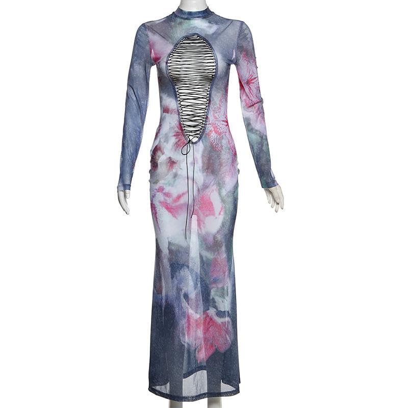 Long sleeve print sheer mesh lace up maxi dress  | samba dress