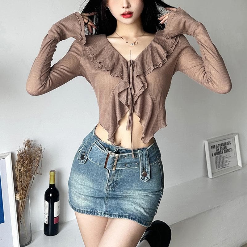 Self tie solid ruffle long flared sleeve v neck crop top