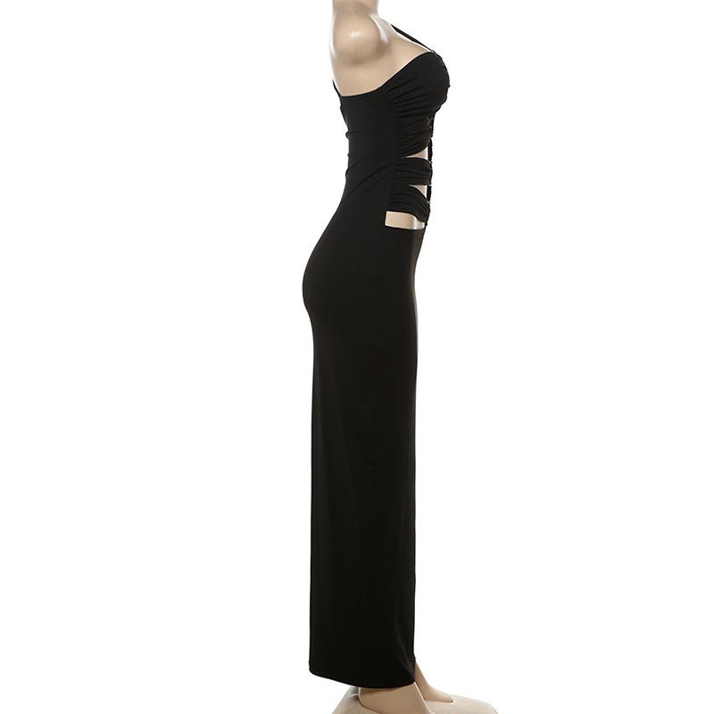 One shoulder hollow out metal applique maxi dress  | red tango dress