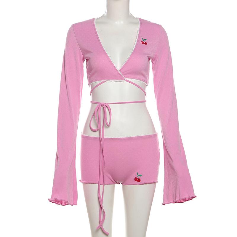 Long sleeve v neck cherry embroidery self tie pant set