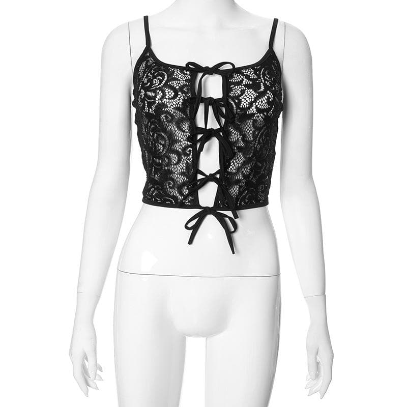 Lace up see through lace backless cami top