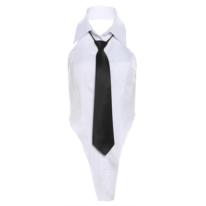 Turnover collar button halter backless solid top