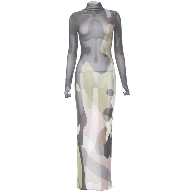 Long sleeve high neck print sheer mesh gloves maxi dress  | samba dress
