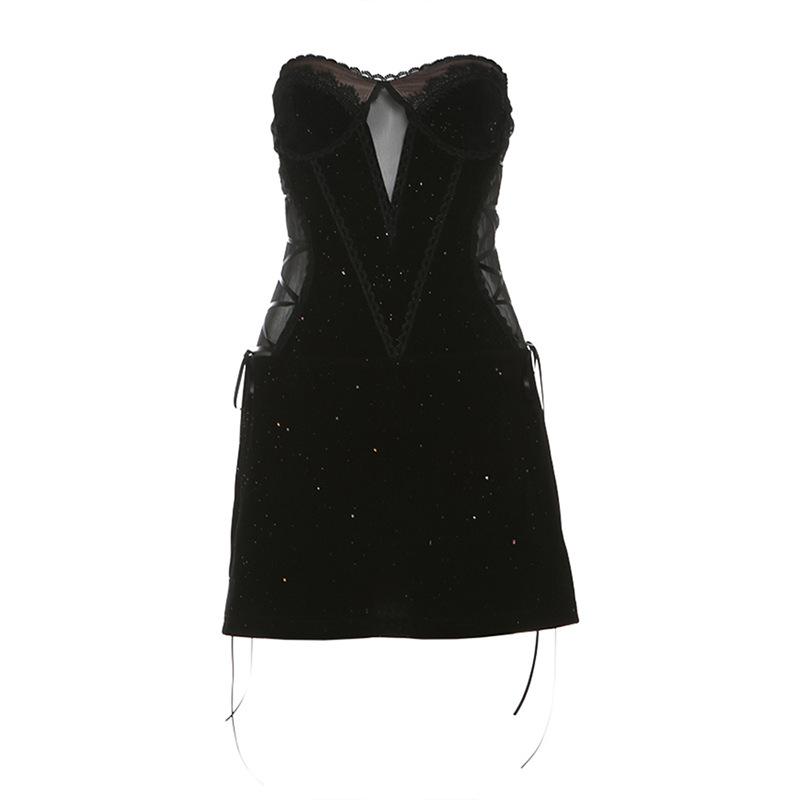 Sweetheart neck velvet lace up mesh beaded mini dress