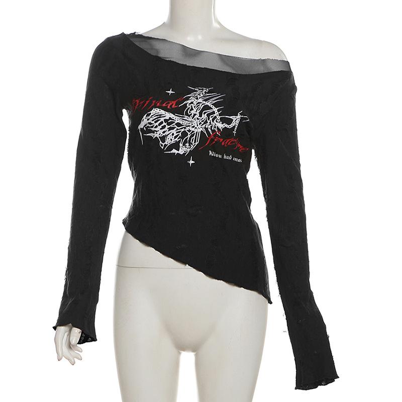 Long sleeve off shoulder abstract mesh top