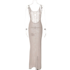 Knitted hollow out backless cami maxi dress
